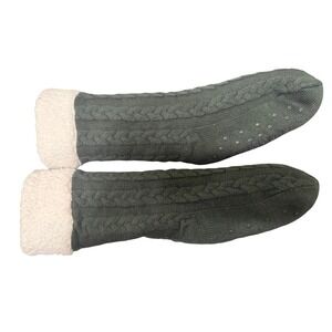 Huggle Slipper Socks Green Cable Knit Non-Slip Sole